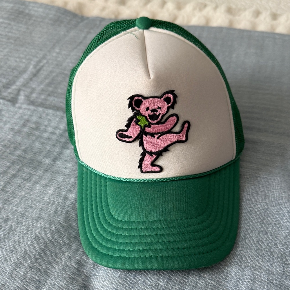 Green and White Trucker Hat with Pink Dancing Bear
